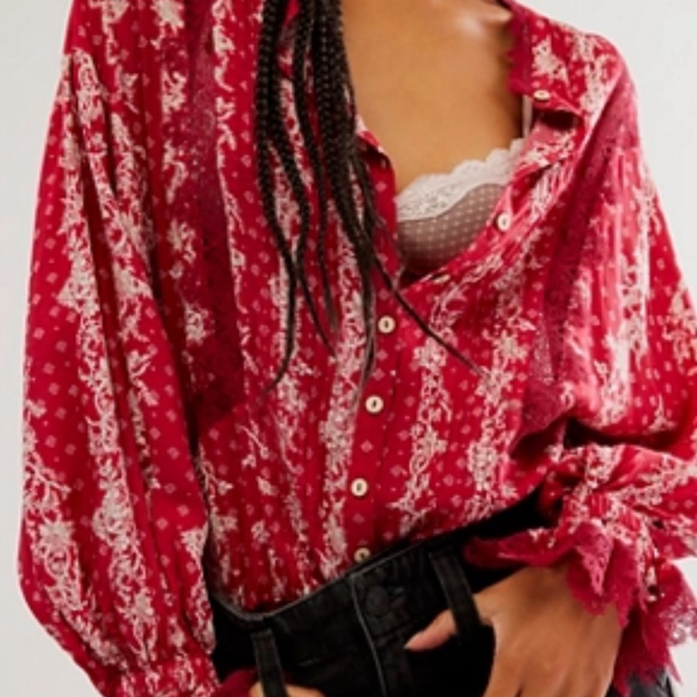 Free People Red and White Button Down Shirt After Hours Printed Bodysuit